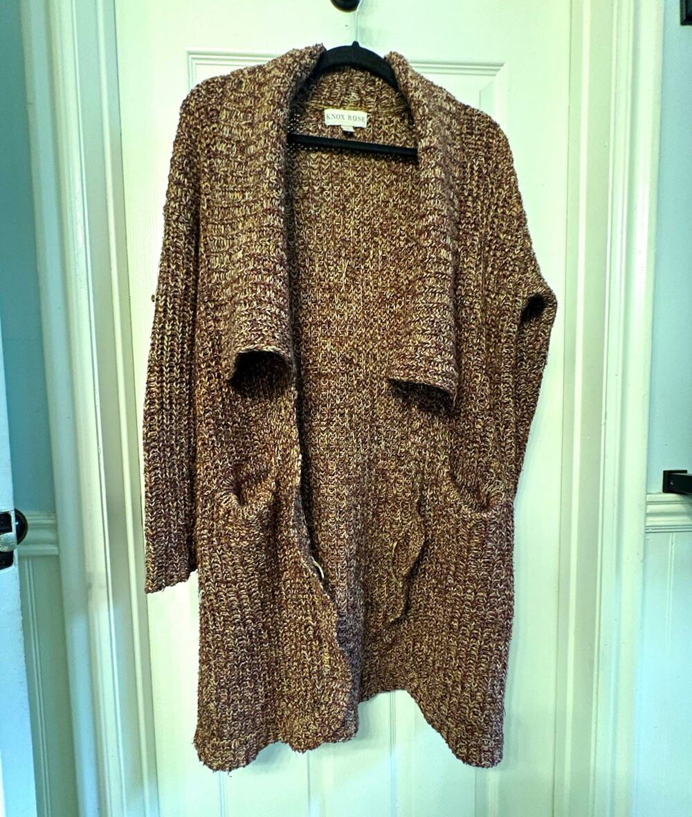 Knox Rose Knit Marled Collared Open Front Cardigan Long Sweater Pockets S Brown